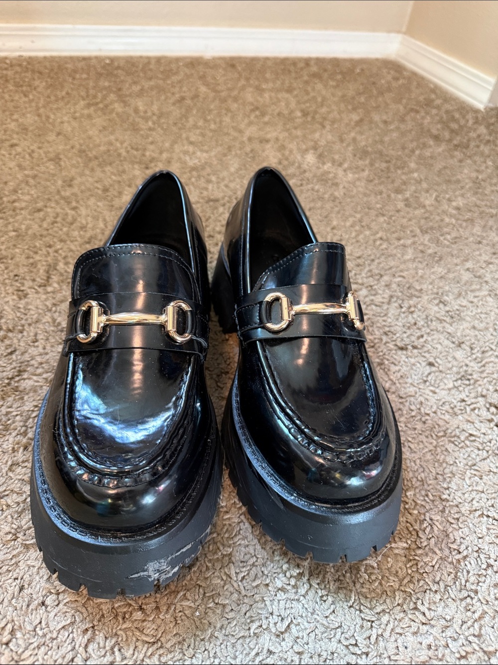 ASOS Black Patent Loafers with Gold Horsebit